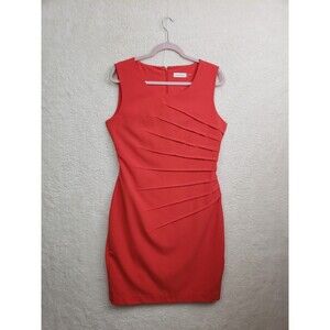 Calvin Klein Women Dress 10 Coral Red Poly B Sleeveless Straight Pencil Lined KL